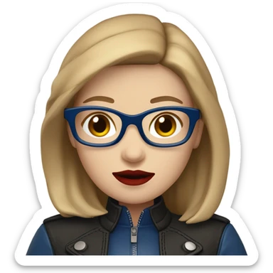 a pale girl with shoulder length light brown hair, glasses with a thick dark blue frame, red lipstick, blue eyes, dressed in a black leather jacket sticker