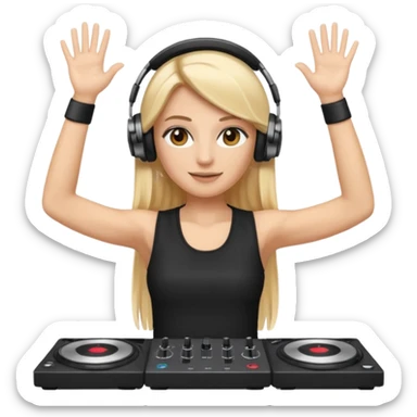 I want a white female dj animated gif emoji with long straight centre parting blonde hair, brown eye brows and putting hands up in the air. Wearing a black tight top with no sleeve. Also wearing DJ headphones  sticker