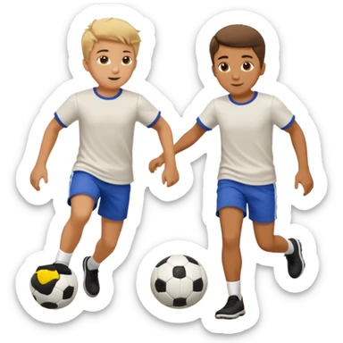 Two boys playing soccer at the beach. sticker