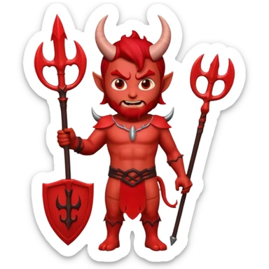 Full body shot 3D Memoji male devil, holding a three-pronged trident. Red skin, small horns, scary pose, solid background. sticker