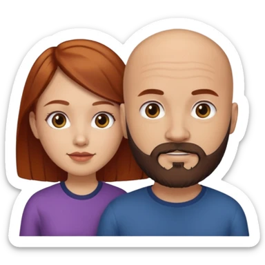 Couple. A bald man with dark brown beard and a girl with light skin. She is a redhead and has dark yellow brown auburn hair. Different skincolor. She has very light skin. sticker