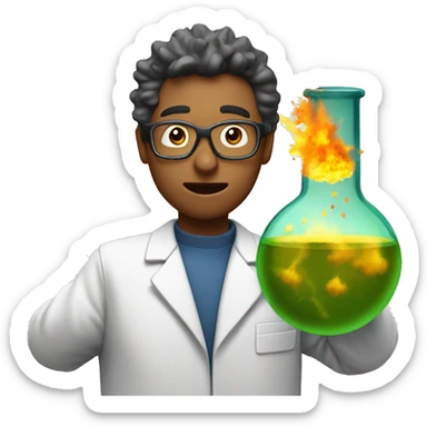 scientist with a conical flask with a big explosion sticker