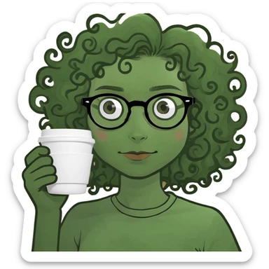 Tanned girl with curly hair and glasses with a cup of coffee sticker