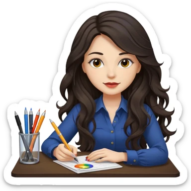female dark wavy long hair graphic designer , color wheel, pens, papers , desktop sticker
