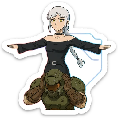  young woman with gold yellow eyes, white hair, long braid, black off-shoulder top, punk gothic style, futuristic cyberwave cyberpunk,, she is calmly t-posing above a cowering doomguy sticker