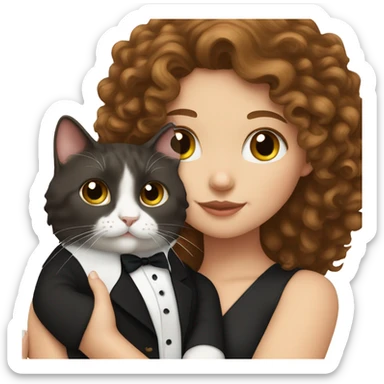 A white girl with brown curly hair holding her tuxedo cat sticker