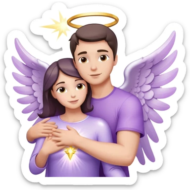 White brunette man human rays of light hugging a pastel purple angel woman sticker