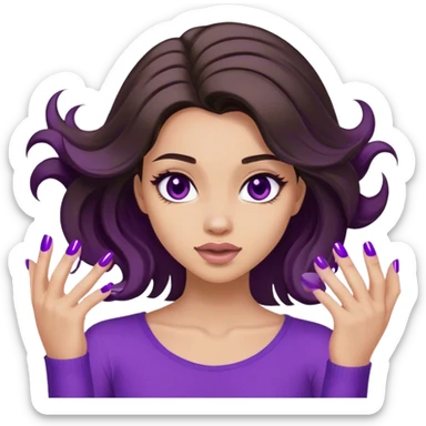Brunette girl, flipping hair with purple painted nails ￼ sticker