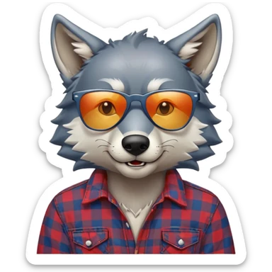 head and shoulders friendly anthropomorphised wolf in plaid shirt and jeans, wearing dark sunglasses, relaxed pose sticker