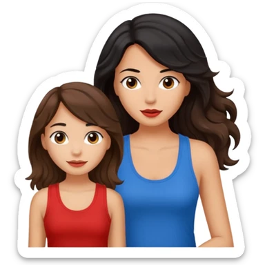 generate a pretty tan bratz girl with brown wavy hair long wearing a red tank top talking to a girl with black hair sticker