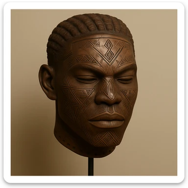 Edit this Mwana Pwo mask to represent a male Cokwe mask with stylized masculine features, geometric tribal designs, and the appearance of a cultural artifact. Keep the background simple and minimal to focus on the mask's details. sticker