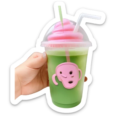 iced matcha latte in a clear plastic cup with a pink hand warmer and a pink straw  sticker