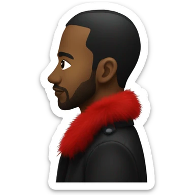 side profile of a hip hop artist wearing a black coat with a red furry collar sticker