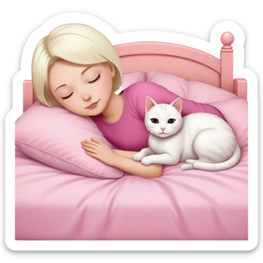 White cat sleeping with white girl short hair in pinky bed  sticker