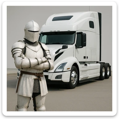 a white knight standing in front of a 2022 white Volvo semi sleeper truck, detailed, modern, clean background sticker