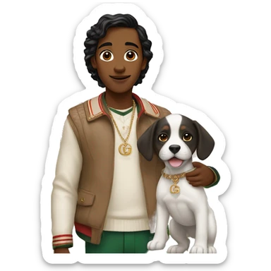 A cute but with an Indian skin color wearing Gucci and standing infront of a modern Indian mansion. The boy is holding a cute puppy sticker