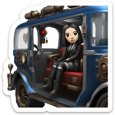 Jedi bounty hunter Wednesday Addams racing sitting in a modern blue,red and pewter steampunk electric luxury sticker