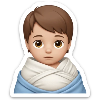 A new born baby boy wrapped in a swaddle with brown hair sticker