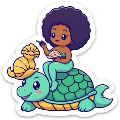 Black mermaid with an Afro sitting on a turtle blowing into a conch shell in the moonlight sticker