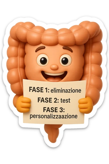 emoji stile iphone 3d di un intestino che tiene in mano un foglio con la scritta "FASE 1: eliminazione, FASE 2: test, FASE 3: personalizzazione, IPERREALISTICO 4K sticker