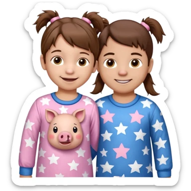 A toddler girl with brown hair with two pig tails, wearing pink pajamas with white stars on them. With a 4 year old boy with spikey brown hair, wearing blue pajamas with white stars on them. Both light skin and smiling. Both with a mix of big and small white stars on the pajamas  sticker