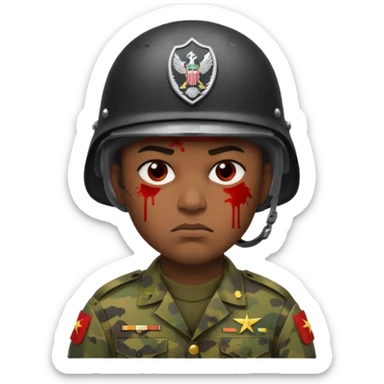 soldier with very melanated skin, scowling expression, blood splatter on left cheek sticker
