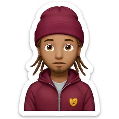 Animate a caramel skinned male with brown dreads and a tan colored  beanie with a burgundy tracksuit on with no beard  sticker
