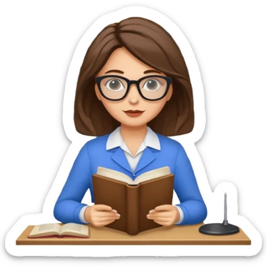 donna bella, occhi azzurri con occhiali, capelli medi, lisci e biondi, lavora al pc. sullo sfondo una libreria sticker