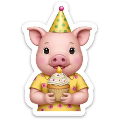 Pig with  yellow aloha shirt, birthday hat, holding a cupcake sticker