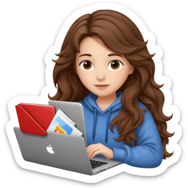 make a picture in ios 18 style of a girl with brown long wavy hair wearing cozy clothes and working on a laptop sticker