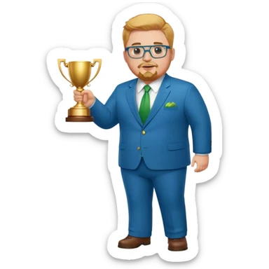Full Body white fat male  wearing glasses with a goatee with strawberry blond very short hair basketball head Coach in blue and green suit holding trophy sticker