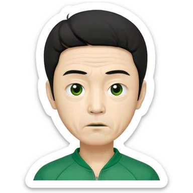 Seong Gi-hun : age 65, skinny and bony face, very small mouth, thick eyebrows deep eyes, unkempt black hair , Green player tracksuit. sticker