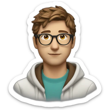 Profile shot white male heart face messy brown short tapered hair with clear plastic glasses and hoodie sticker