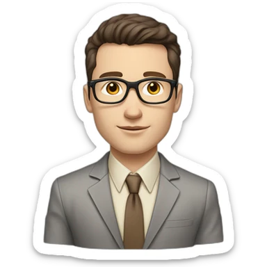 Pale skinned fit man with dark brown hair in gray jacket, beige office shirt, brown tie, brown pants and vintage glasses Writing on the marker board sticker