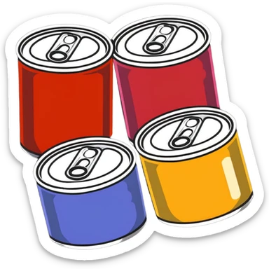 Four assorted canned food cans arranged together, showing different types of canned foods sticker