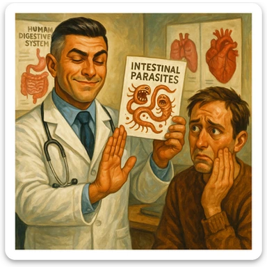 Create a semi-realistic or expressive style image of a male doctor inspired by the reference image, wearing a white coat. The doctor is ignoring a report with intestinal parasites, making a dismissive gesture. The patient has an anxious expression. The setting is a doctor's office with posters. The atmosphere is critical and ironic. sticker