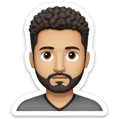 Latino man in his late 40s with light brown skin. Square face with defined jawline. Dark eyes with calm gaze. Short curly dark hair. Black goatee beard with some gray streaks. Wearing a black V-neck shirt. sticker