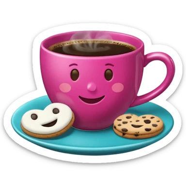 cup of coffee, steaming, the smoke should come out in the shape of a heart, the color of the cup is fuchsia, the cup has a happy face printed on it, the cup rests on a turquoise blue plate, and there are cookies and sugar cubes around the cup. sticker