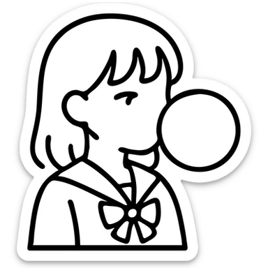 anime style school girl blowing a big bubble with bubblegum sticker