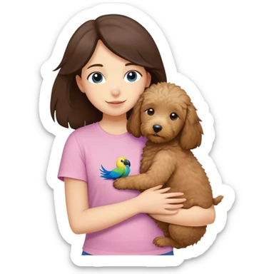 One girl with medium long dark brown hair dressing baby pink T-shirt, hugging One little brown coated labradoodle and a yellow-headed, blue-bellied macaw sticker