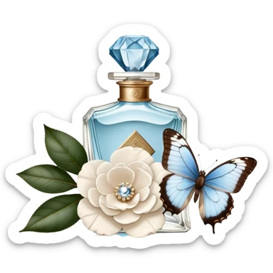 A nostalgic composition of an antique perfume bottle with a crystal stopper, an old love letter, and a single pale blue butterfly resting atop a white camellia.
 sticker