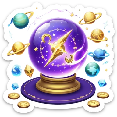 A mystical, glowing crystal ball with swirling sparkles and lightning bolts inside, surrounded by zodiac signs and planets floating in space, with tarot cards spread out on the table around the ball. Use bright purples, blues, and golds to create a magical, mysterious vibe. transparent background.  sticker