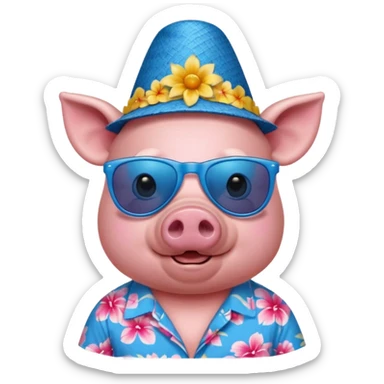 Pig with blue aloha shirt, birthday hat, sunglasses sticker