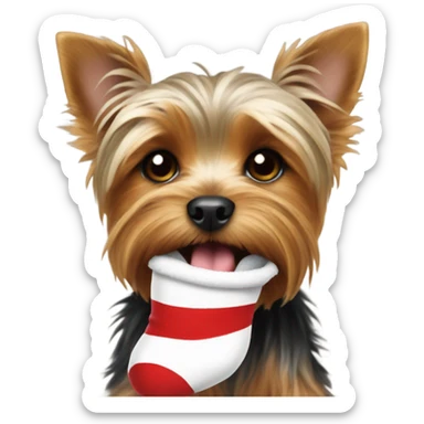 Yorkie with a sock in its mouth sticker
