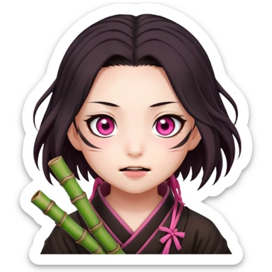 cute Nezuko from Demon Slayer with bamboo muzzle in her mouth and pink eyes sticker
