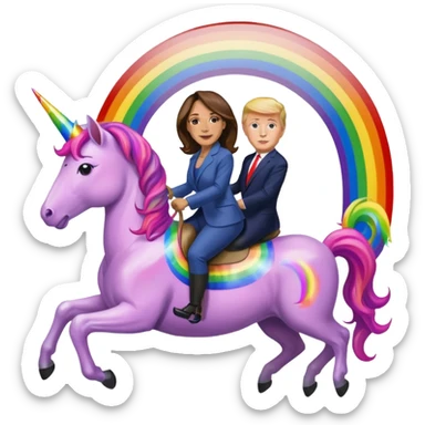 Kamala Harris and donald trump riding a rainbow unicorn sticker