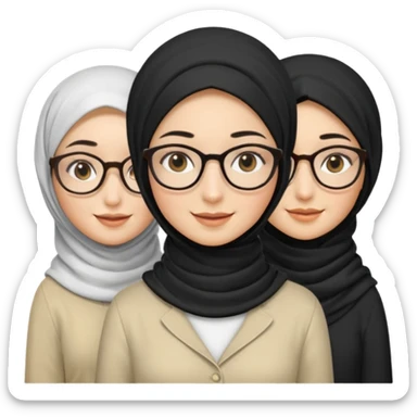 White hijabi girl with black eyes with another girl have long black hair wearing glasses with  another another girl have curly short  honey hair and wearing white glasses  sticker
