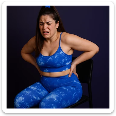 Realistic woman in 4K inspired by the reference photo, sitting on a chair with one hand pressing on the left hip and the other on the lower back, expression of intense pain. sticker