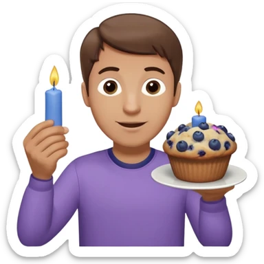Make a white man with brown hair wearing a shirt that says happy b day Virginia holding a blueberry muffin with a birthday candle in it. Have him holding multiple muffins and no candles in hand. Have him wearing a purple shirt. He should still be a white guy in a light purple shirt sticker