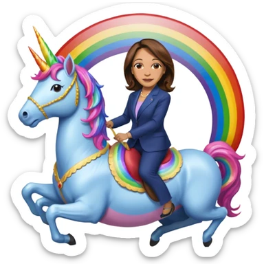 Kamala Harris and donald trump riding a rainbow unicorn sticker
